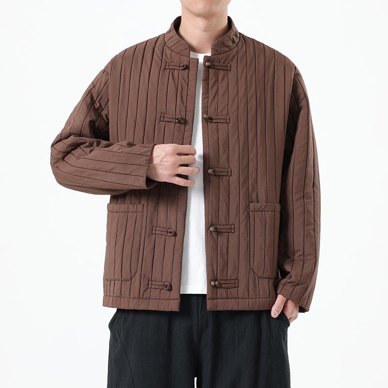 Autumn Men New Chinese Style Jackets Men Thick Warm Soild Color Coat Male Vintage Stripe Black Jacket Man Tang Costume Hanfu
