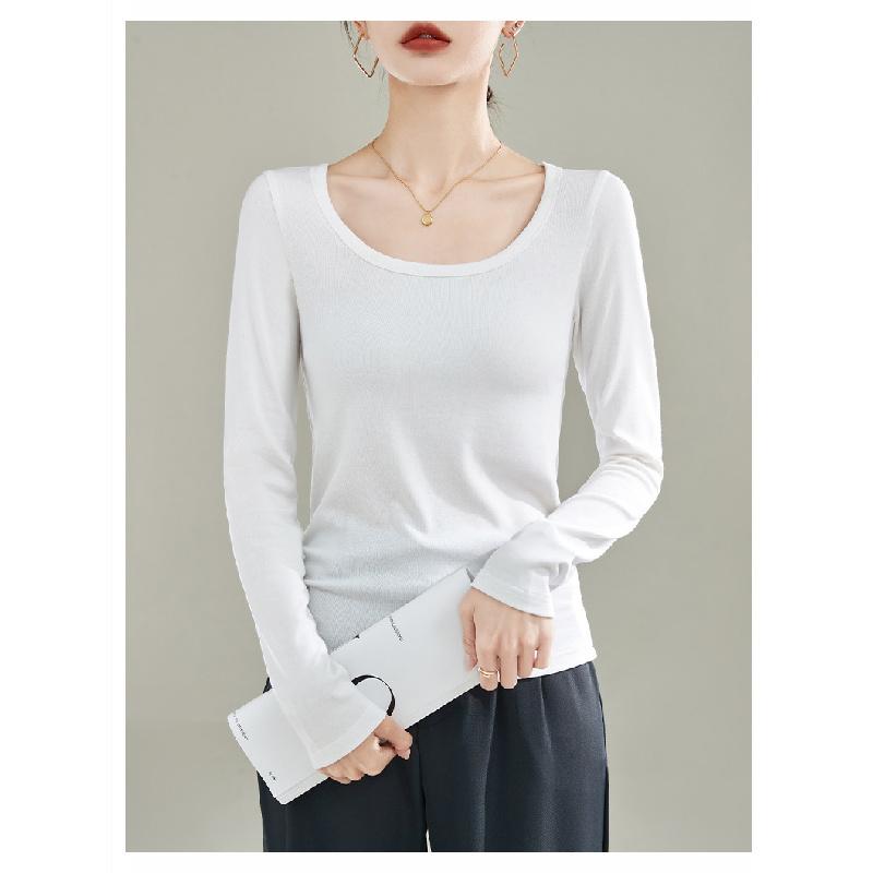 DeRong Spring and Autumn Base Shirt 2026 New Model U-Neck Slim Fit Long Sleeve T-Shirt Commuting Inner Layer Top for Women