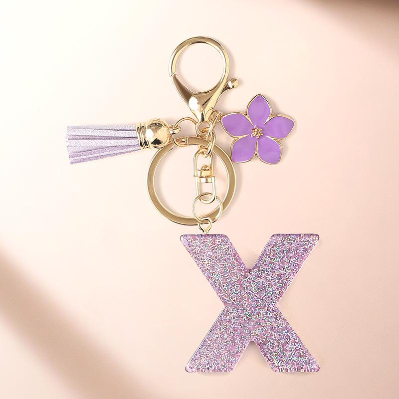 Flash Powder 26 English letters, diy, Resin keychain, purple flower, pendant, bag pendant, keychain, Christmas gift, Stocking stuffers