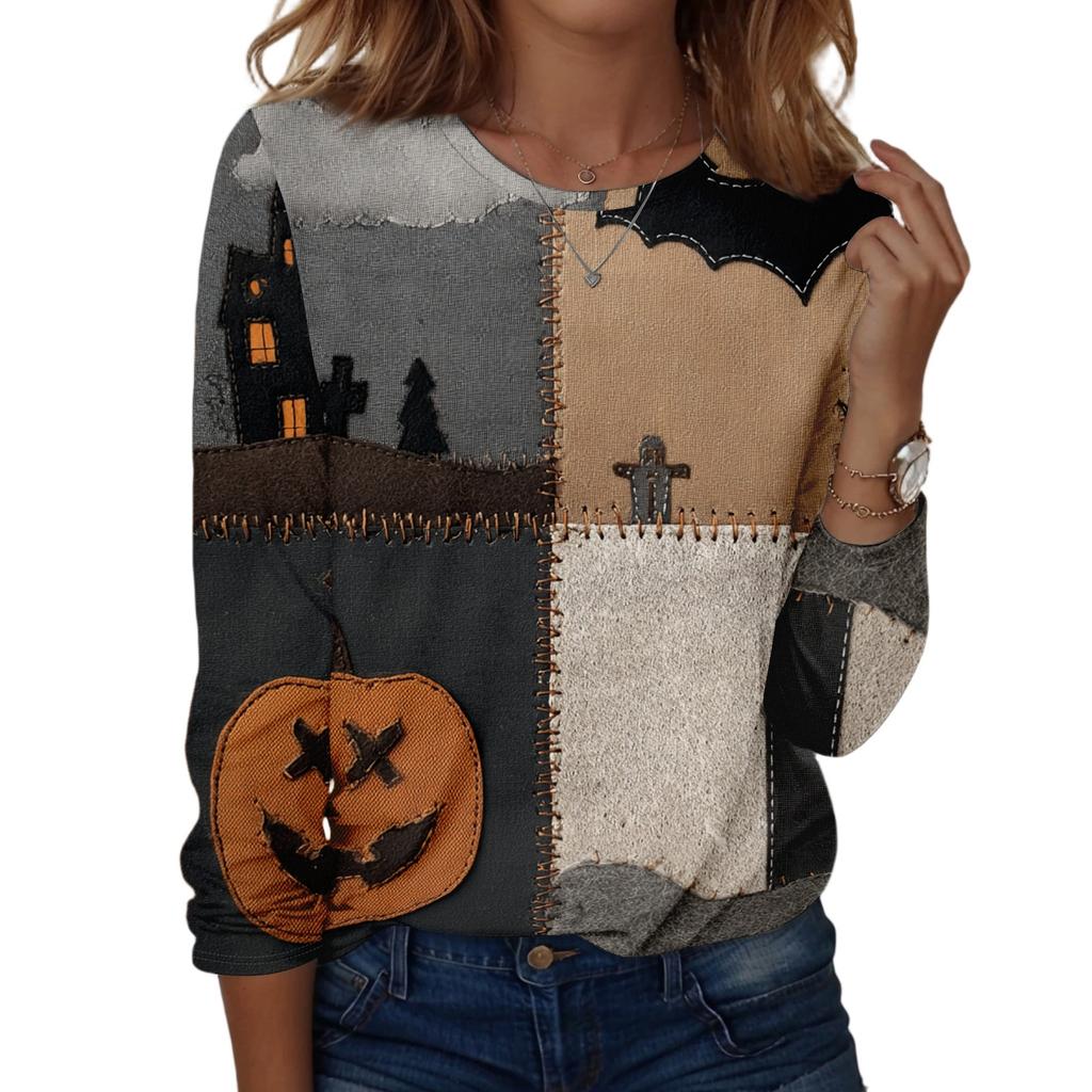 Women's Halloween Long Sleeve Printed Crewneck T-Shirt, Casual Fall Top