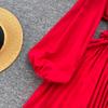 KOSY Autumn Women Vintage Pleated Midi Dress Elegant V-Neck Puff Long Sleeve High Waist A-Line Red Green Dresses