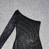 High-End Women's One-Shoulder Slimming Dress with Rhinestone Detail