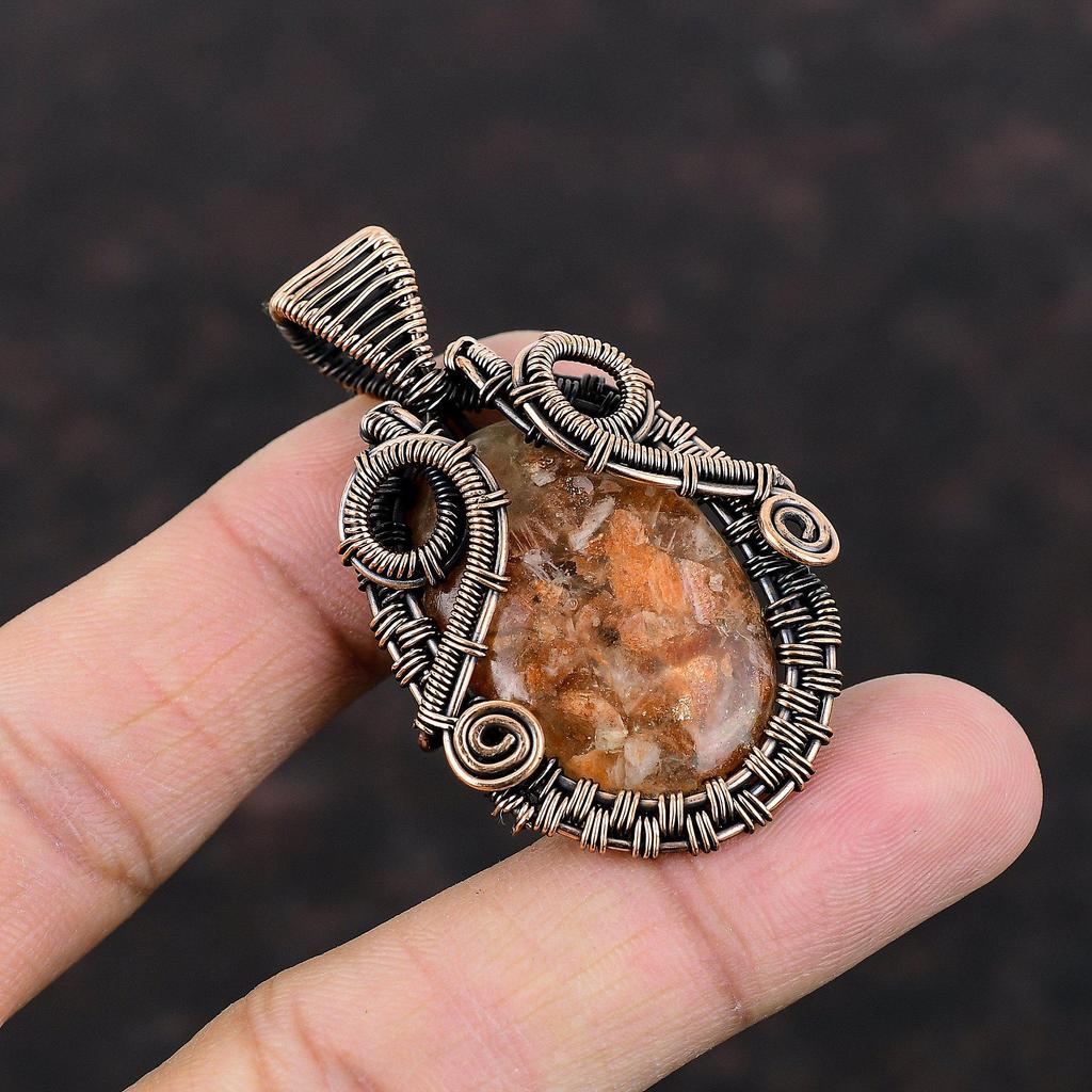 Pandantiv Piatră Soarelui Pandantiv Înfășurat în Sârmă de Cupru Bijuterii Piatră Soarelui Pandantiv Piatră Prețioasă Bijuterii Sârmă de Cupru Cadou Logodnă Pandantiv Elegant Făcut Manual