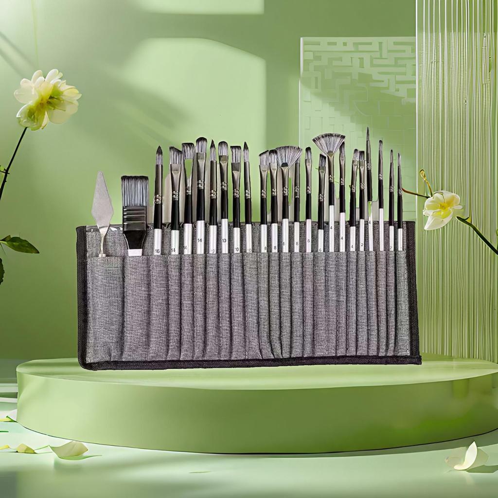 25-Piece Nylon Hair Paintbrush Set with Silver-Gray Handles for Oil, Gouache, and Watercolor Painting