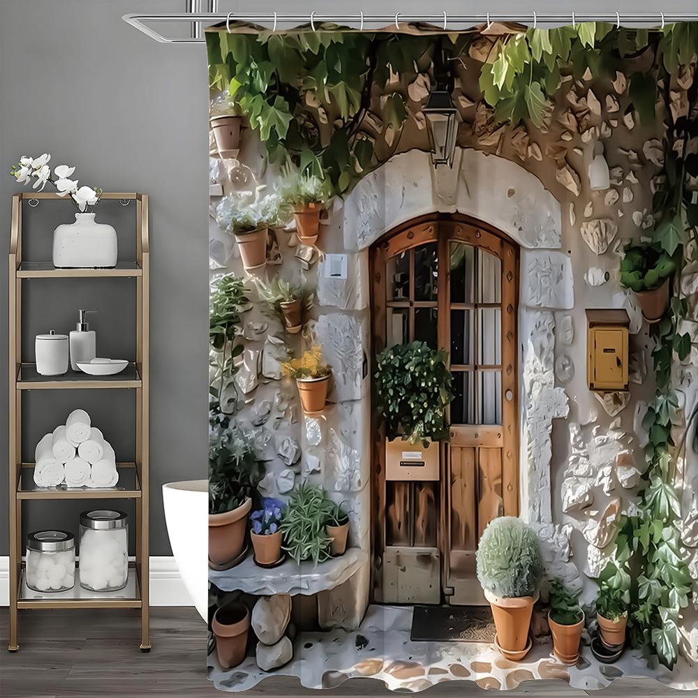 

Винтажная Садовая Деревянная Дверь Камень для Пересадки Каменная Стена Европейская Улица Занавеска для Душа, Декоративная Занавеска для Душа для Ванной Комнаты, Водонепроницаемый Шо 180*180cm