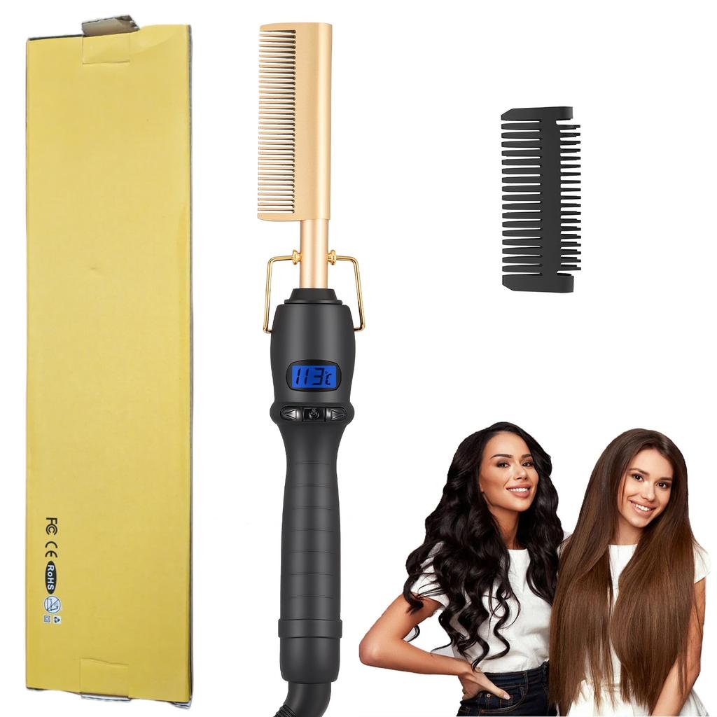 Dual Voltage Ceramic Pressing Comb - 450°F Fast Heating Straightening Comb 2-in-1 Hair Curler and Straightener Hot Comb