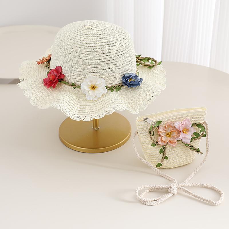 

Floral Girls Straw Hat & Bag Set 2Pcs Summer Wide Brim Sun Hat with Handbag Cute Vacation Outfit for women Kids Size (50-52cm) белый