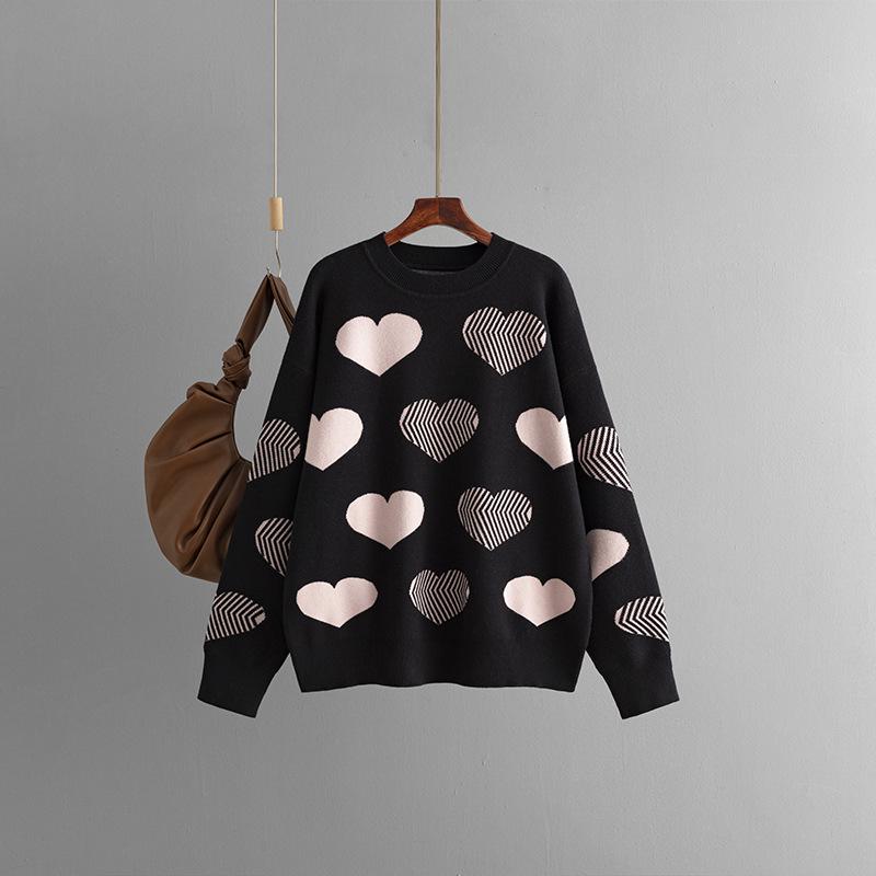2024 Autumn/Winter Heart Jacquard Plus Size Loose Knit Pullover Sweater for Women