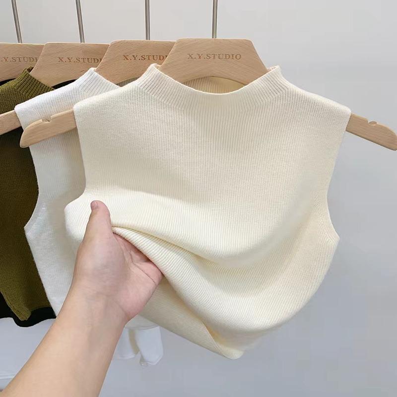 

Половина высокого воротника Свободный вязаный жилет-бретелька Женские летние вязаные майки без рукавов Женские свободные базовые офисные женские повседневные майки 24108 One Size абрикосовый