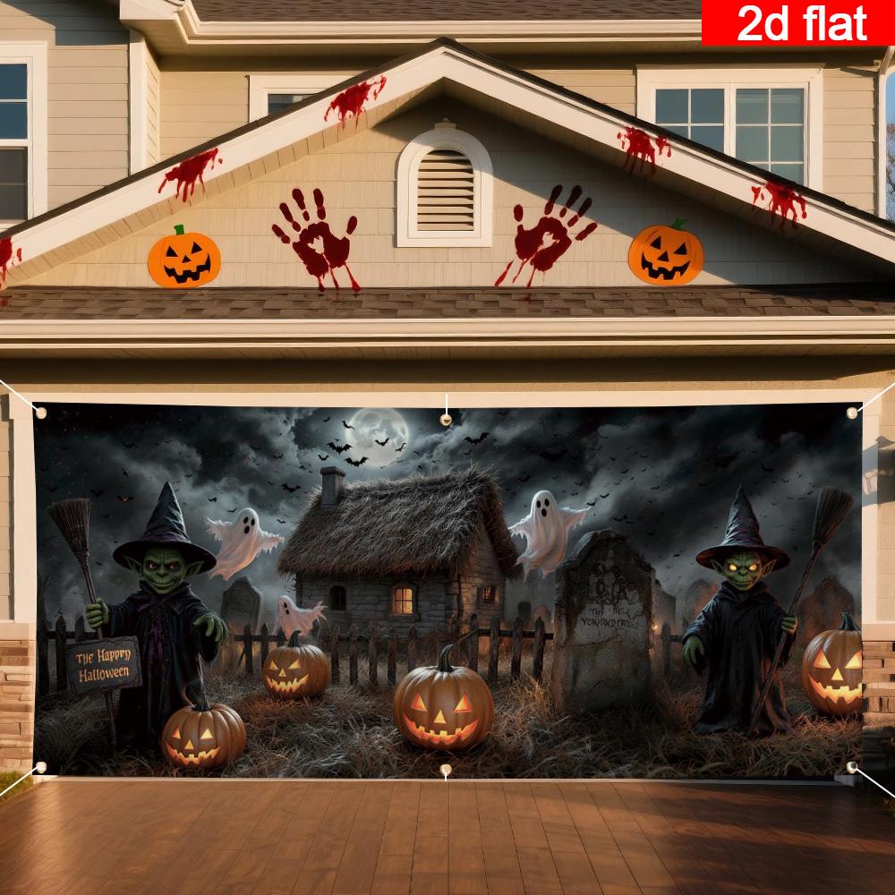 2D flat banner 1 piece Halloween garage door cover banner scary Halloween scene