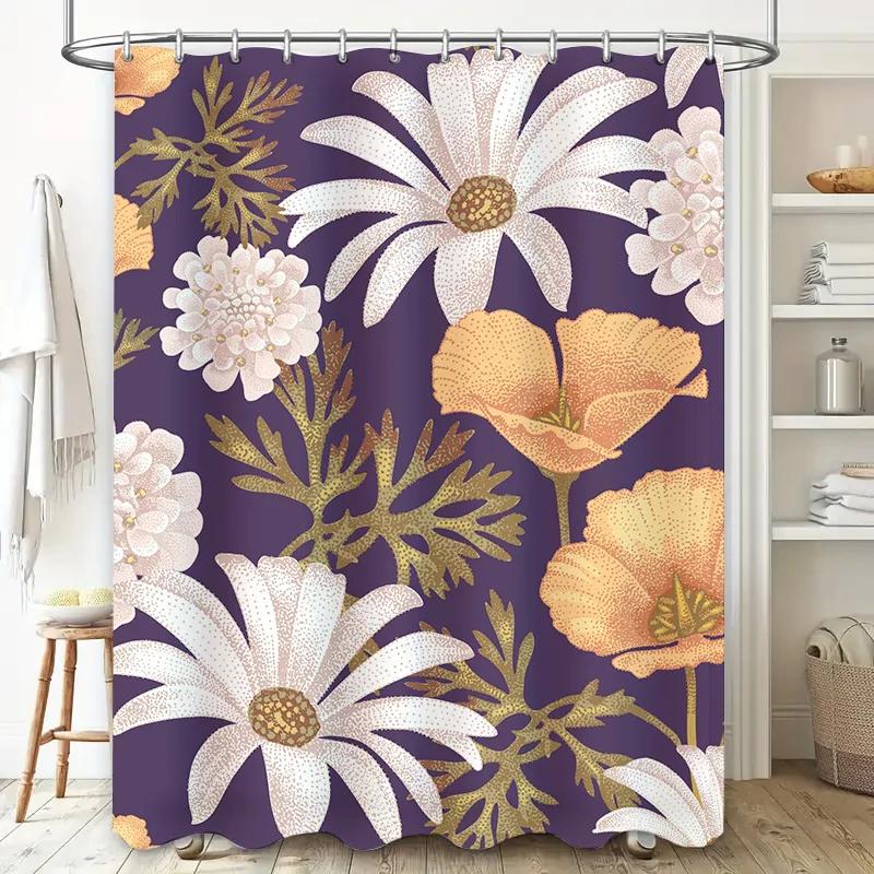 

Vintage Floral Shower Curtain Purple White Gold Pink Poppy Daisies Bathroom Decor Customizable Waterproof Fabric Room Decoration W90xH180cm