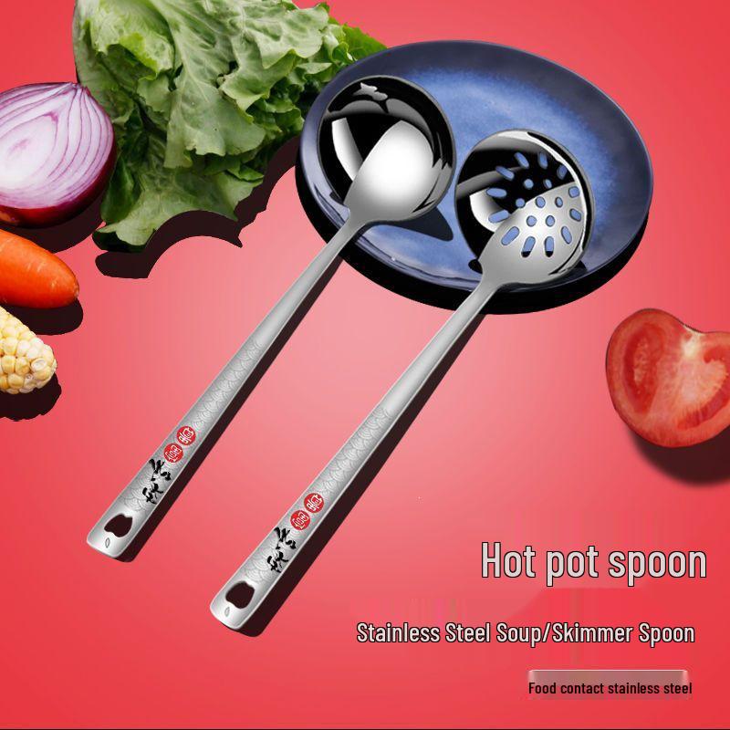 Stainless Steel Long-Handled Soup Ladle Set - Thickened, Slotted Design, Large Size for Hot Pot & Serving