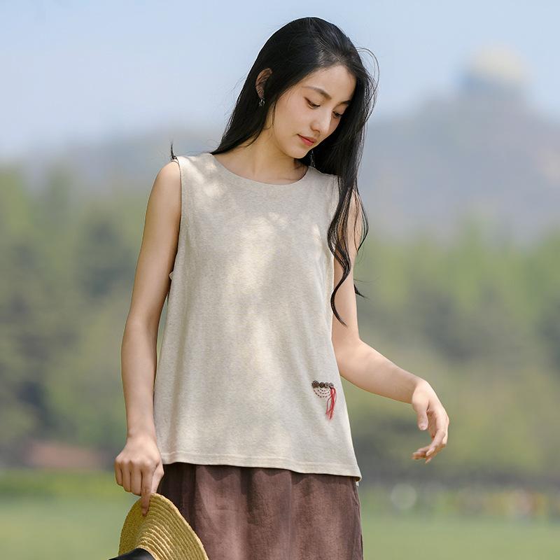 

Johnature женские летние майки с круглым вырезом и пуговицами, однотонные ткани, винтажные свободные мягкие женские топы на бретелях L светло-бежевый