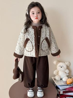 Girls' Fleece-Lined Fur Coat and Pants Set - Autumn/Winter Fashionable One-Piece Sweater Coat.