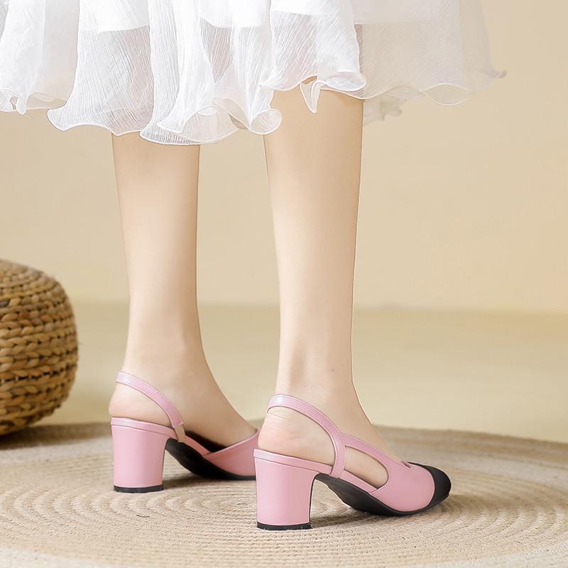 In Stock French Coco Style Soft Leather Color Block Low Cut Sandals - Women's Spring Mid and Thick Flat Heels