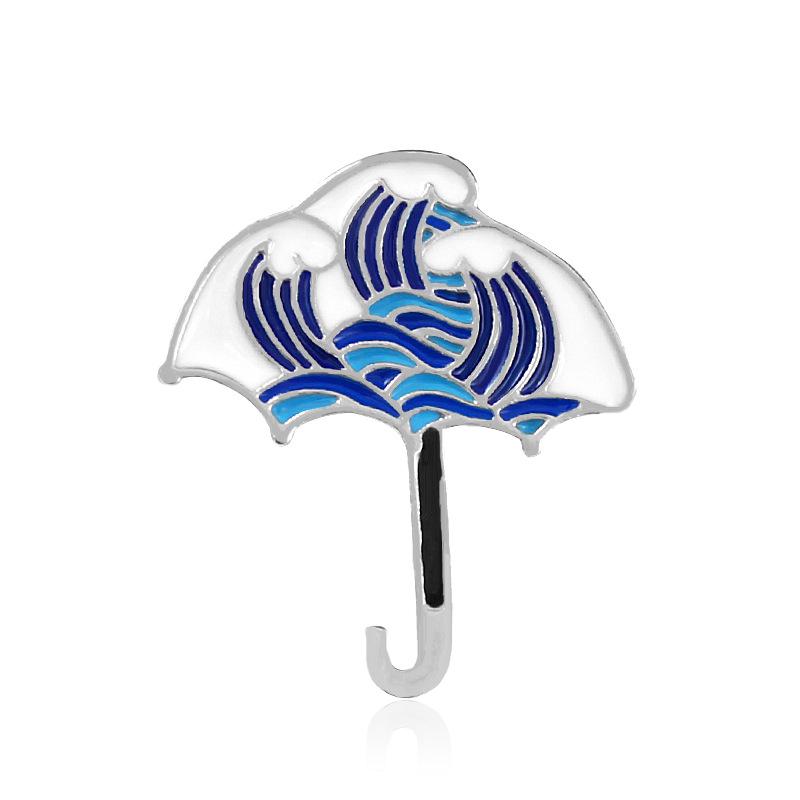 Cloisonné Enamel Brooch with Chinese Scenery: Umbrella, Whale, and Wave Design