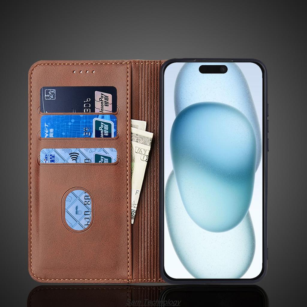 Magnetic Attraction Leather Case for Apple iPhone 15 Plus 6.7" Holster Flip Cover Case Wallet Phone Bags Fundas Coque