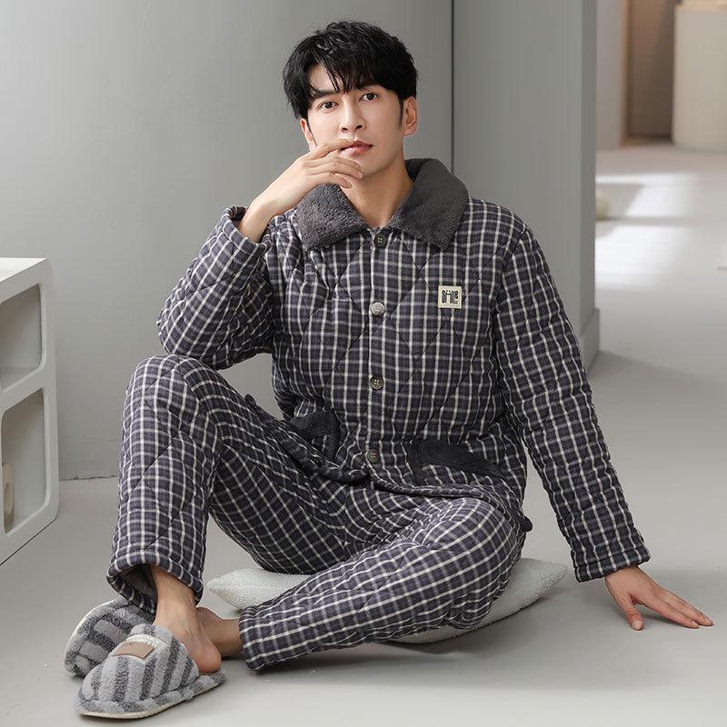 Pajamas Men'S Winter Three-Layer Thickened And Velvet Woven Pure Cotton Padded Autumn And Winter Mid-Dad Warm Loungewear