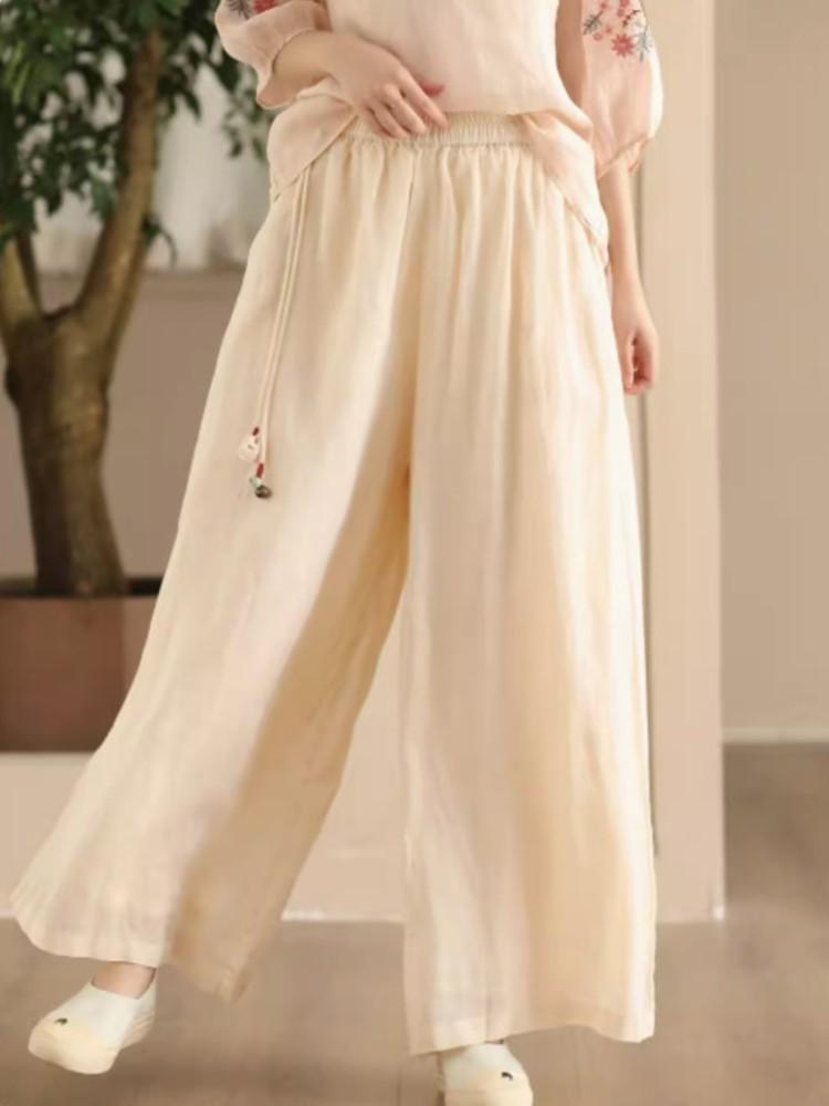 Johnature Damen Vintage Hose mit weitem Bein, einfarbig, Sommerhose mit elastischer Taille, lockere Freizeithose