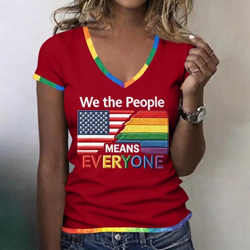 Women's Casual V Neck Short Sleeve T Shirt Patriotic Independence Day Printed Tee Top Lightweight Comfortable Fit