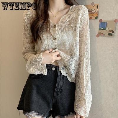 Vintage Lace Blouse Women Elegant Lace Shirts Female Long Sleeve Korean Fashion Transparent White Chic Casual Clothes