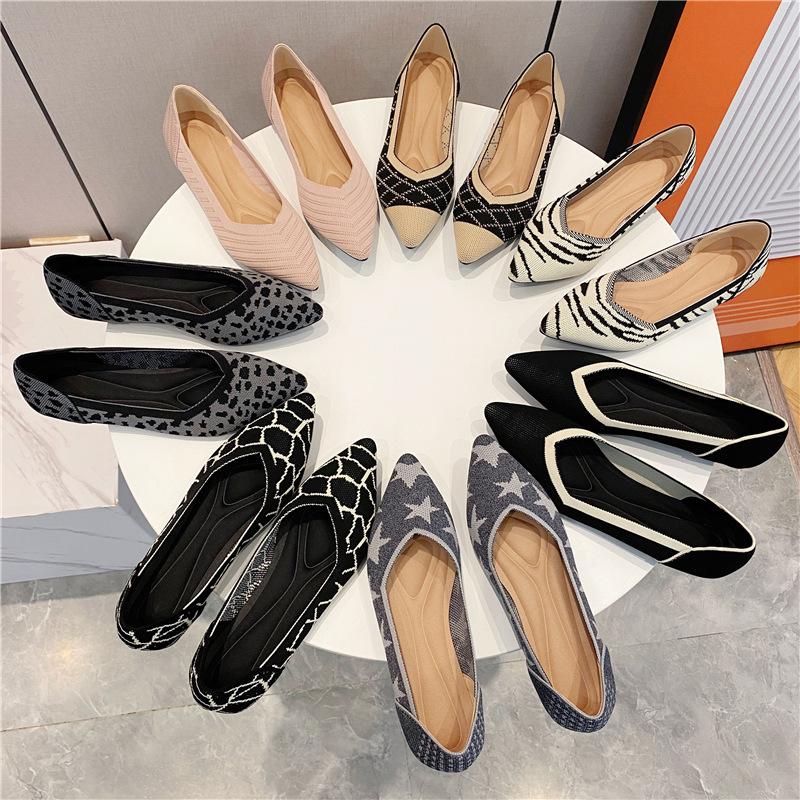 New fly-woven women's shoes pointed tip breathable flat-soled single shoes knitted comfortable soft sole casual