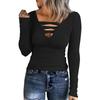 Autumn Long Sleeve Women T-shirts Slim Fit Tees Women Sexy Hollow Out V-neck Solid Color Long Sleeve Tshirt Clothes