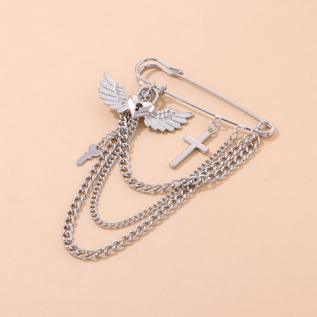 Love Lock Wing Brooch, Personalized Fashionable Chain Cross Pin Pendant