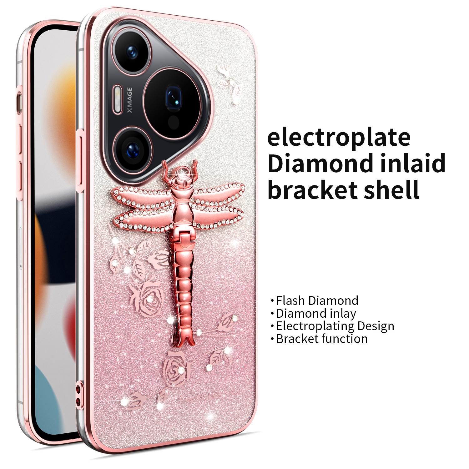 

For Huawei Pura 70 Pro/Pura 70 Pro+ Case Dragonfly Kickstand TPU Flowers Glitter Phone Cover Blue