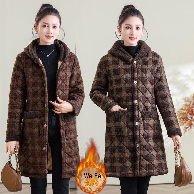 Women's Winter Hooded Plaid Cotton Jacket: Thick, Warm, Mid-Length Coat with Plus Velvet Lining