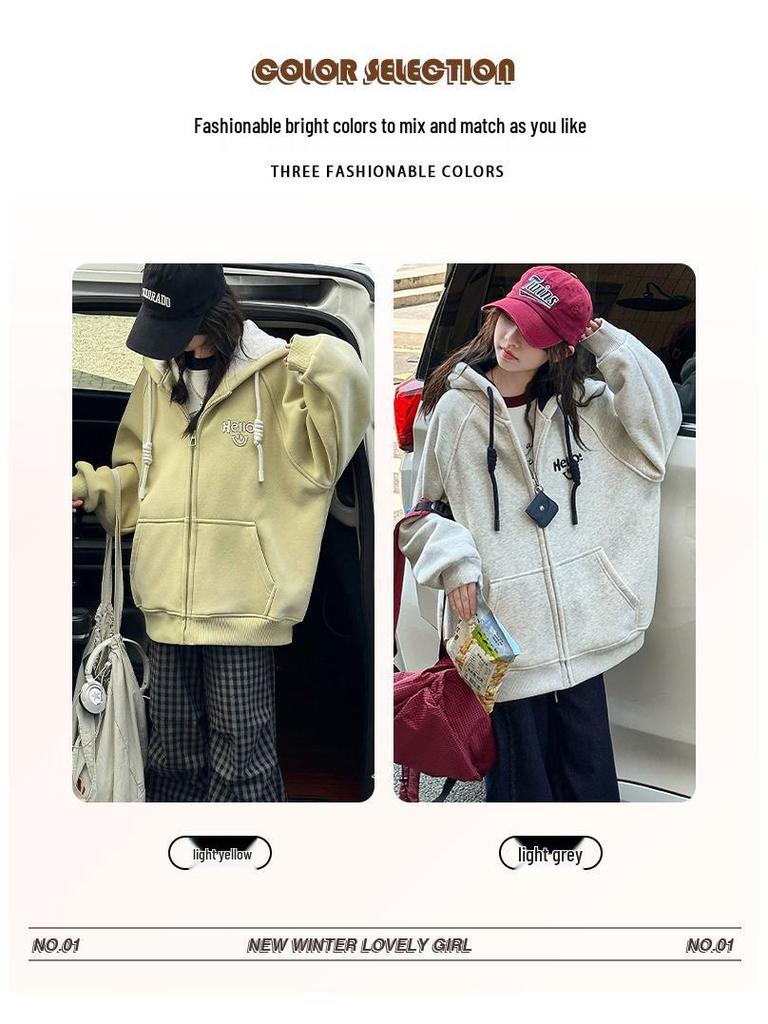 Girls' Alpaca Wool Fleece-Lined Jacket - Korean Casual Style, Hooded, Thick & Warm for Autumn/Winter