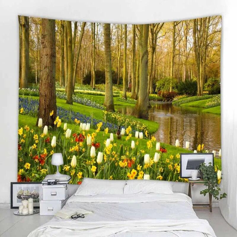 Naturlig väggtapet Mandala Trädgård Landskap Bohemisk rumsinredning Psykedelisk Tapiz Hippie Sovrum Tygmatta