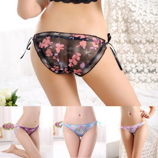 Sexy See Through Floral Print Self Tie Bowknot Women Panties G-String Underwear