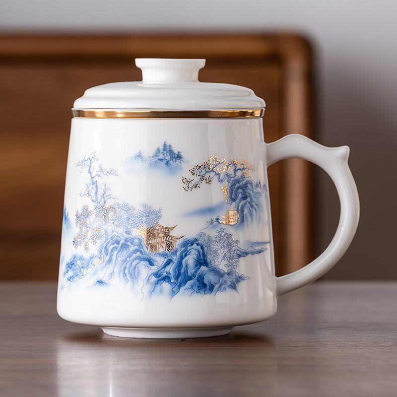 Suet Jade Teacup Merchandise Landscape Ceramic Office Cup Tea Separation Mug Water Cup Company Business Souvenir
