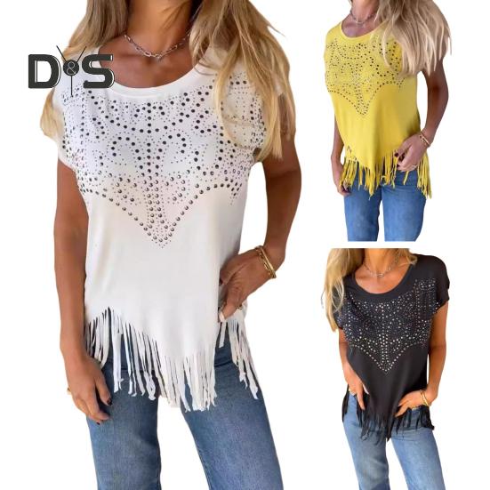 Women T-shirt Round Neck Short Sleeve Tee Shirt with Hot Rhinestones Printing Tassel Hem Solid Color Pullover Tops Daily Wear