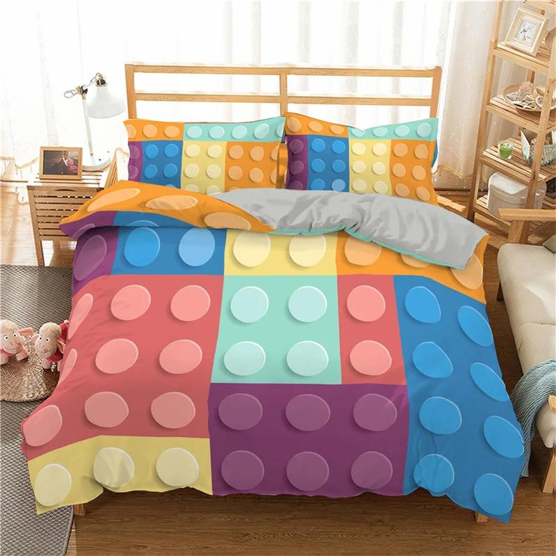 Colorful Toy King Queen Duvet Cover 3D Building Block Pattern Bedding Collection Fun Brick Quilt Cover Gradient Rainbow Comforter Cover