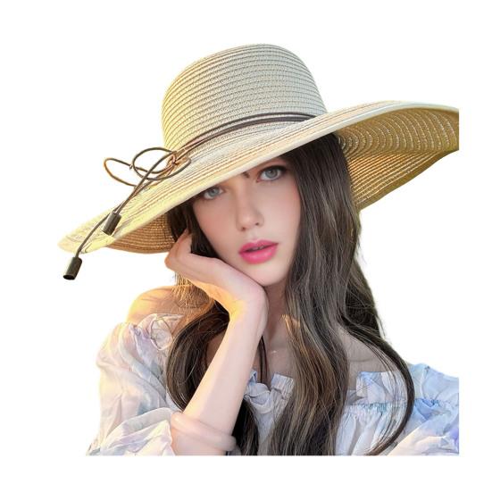Beach Hat Natural High-Density Straw Fabric Sun Protection Wide Brim Dome Design Sun Hat Lace Bow Faux Pearls Decor Summer Hat