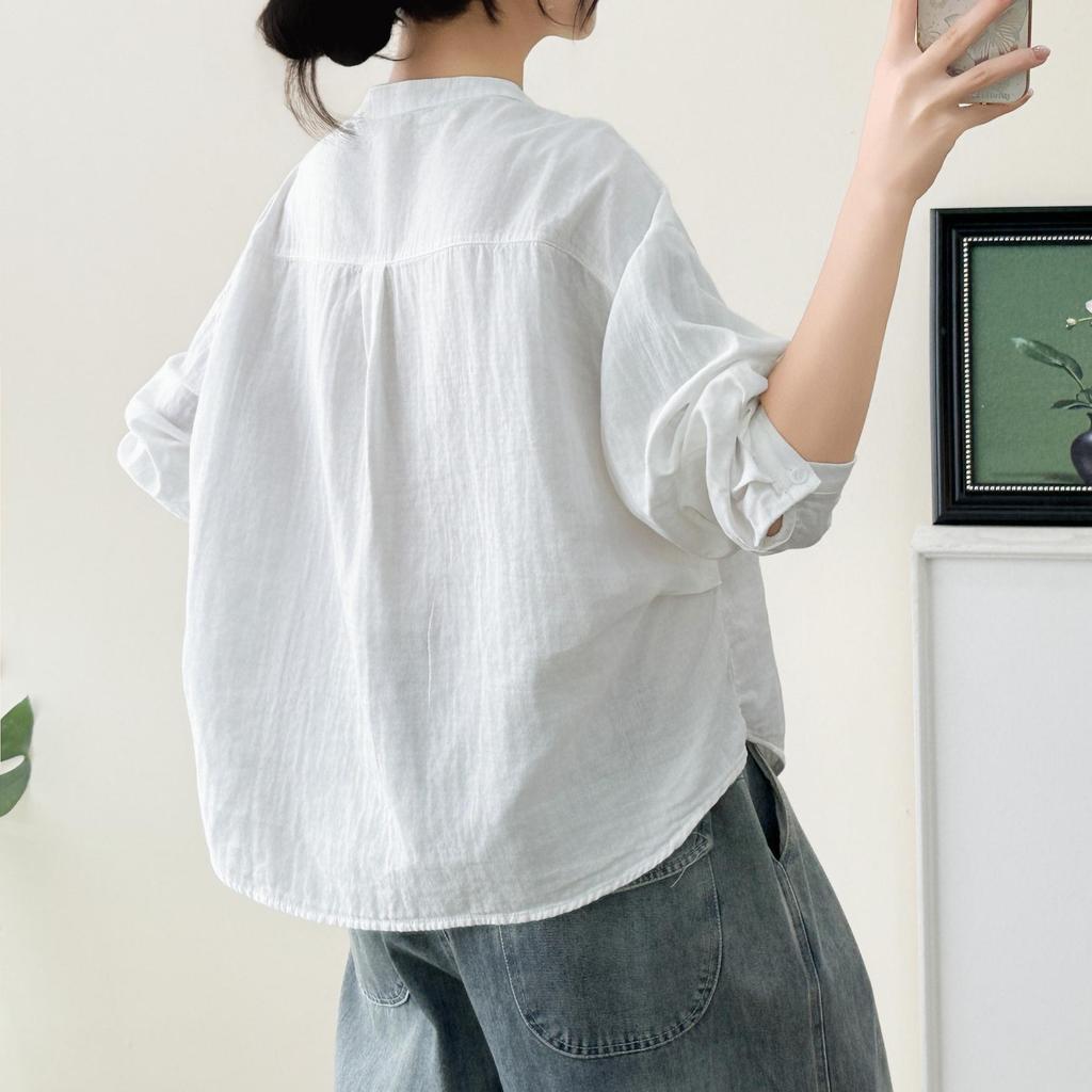 2026 Spring Korean-Style Loose Long Sleeve Cotton Gauze Women's Shirt, Double Layer Stand Collar, Solid Color.
