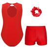 Kids Girls Gymnastics Outfit Keyhole Back Patchwork Sleeveless Glittery Rhinestones Leotard with V-front Waistband Shorts Hair Tie Headwear