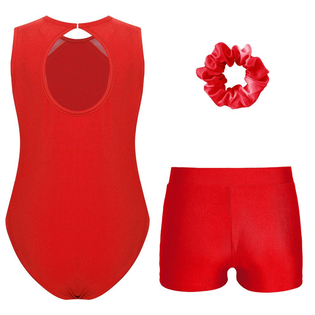 Kids Girls Gymnastics Outfit Keyhole Back Patchwork Sleeveless Glittery Rhinestones Leotard with V-front Waistband Shorts Hair Tie Headwear
