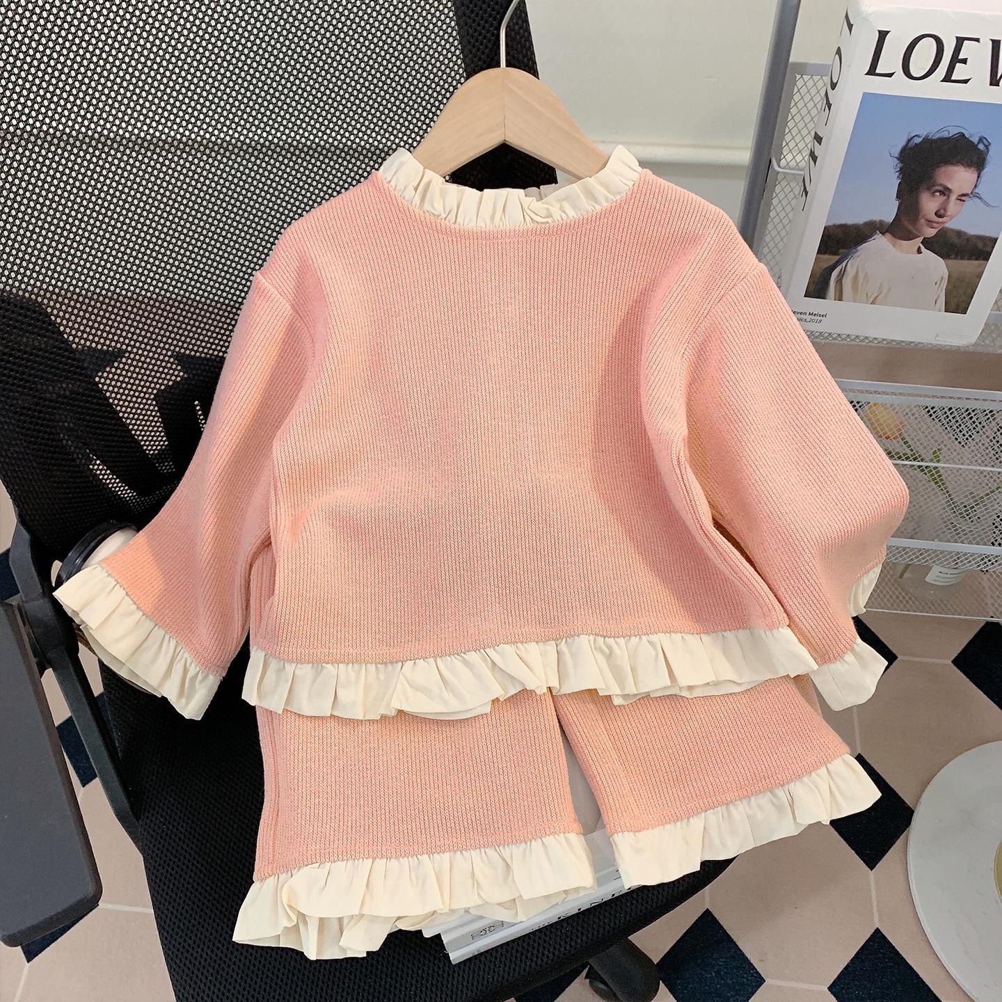 Girls Long Sleeve Round Neck Sweatshirt and Pants Set Cute Cartoon Design 90 розовый