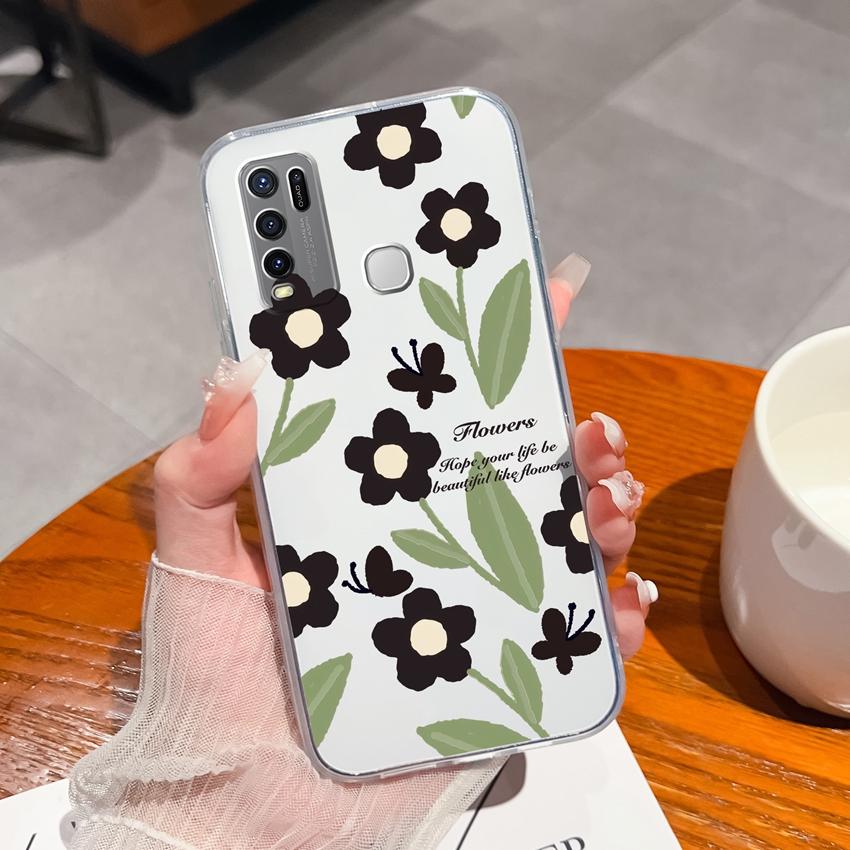 For Vivo Y91C Y67 Y91 Y75 Y78 Y50 Y73 Y55 Phone Casing Beautiful Black Flowers Patterns Transparent Silicone Shockproof Protective Shell For Vivo Case
