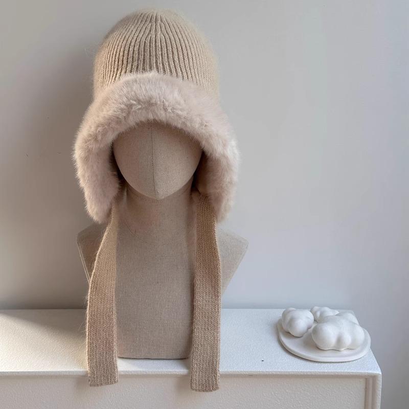 Rabbit plush knitted ear protection hat parent child winter cycling hat plus velvet windproof and cold resistant warm woolen hat cold hat winter