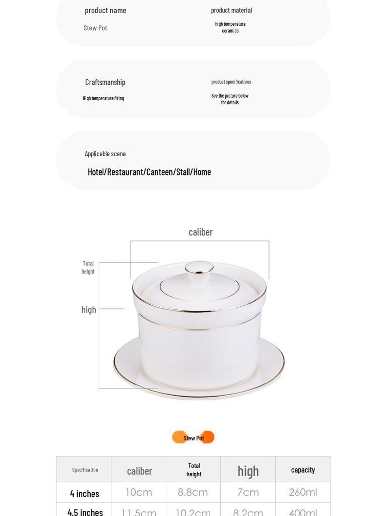 Pure White Ceramic Stew Pot with Lid - Chinese Shaxian Style Soup & Steam Pot, Gold Rimmed.