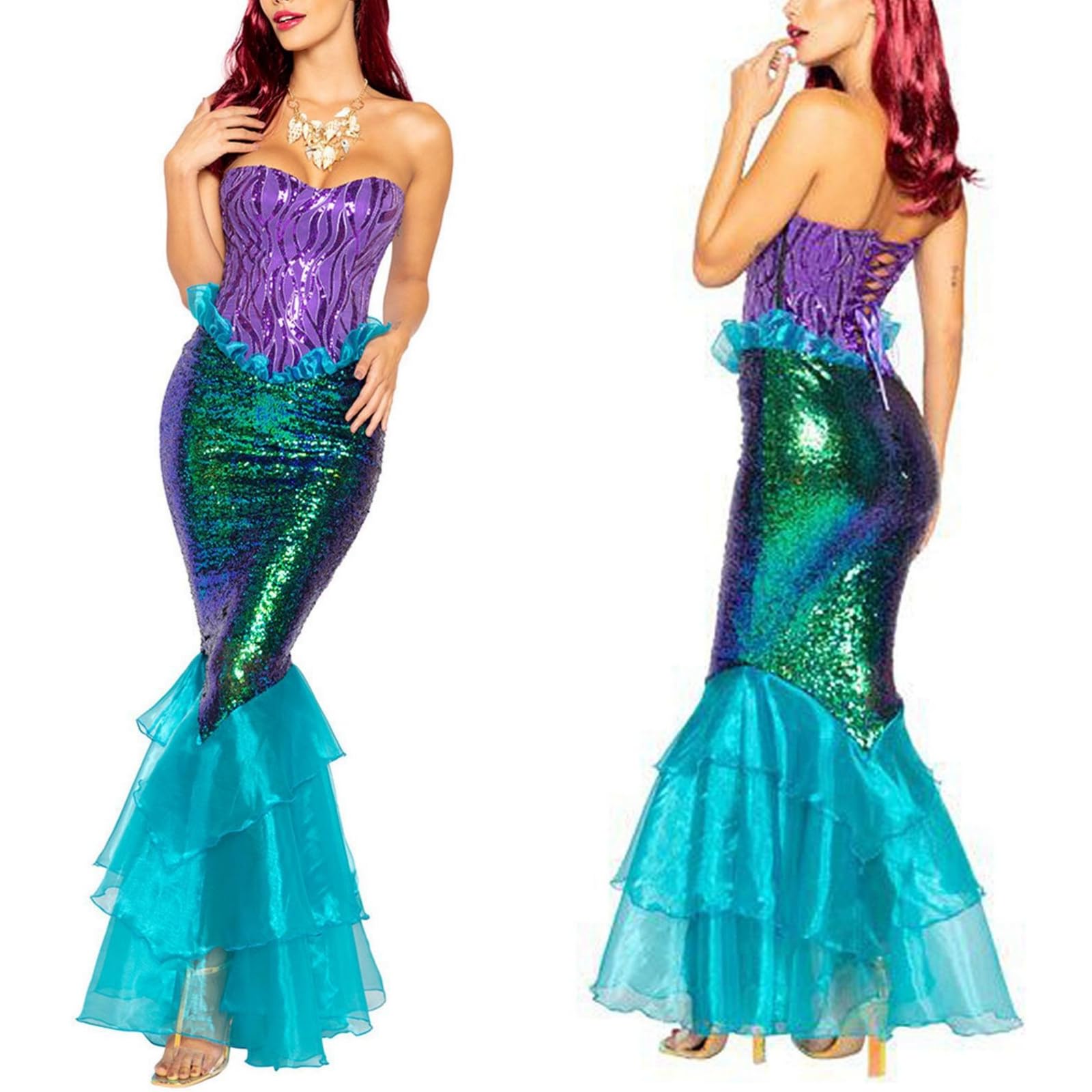 

Mermaid Cosplay Sexy Mermaid Princess Costume Purple Long Dress Halloween Costume One Piece Skirt [R-Dream] See-through (Size S)