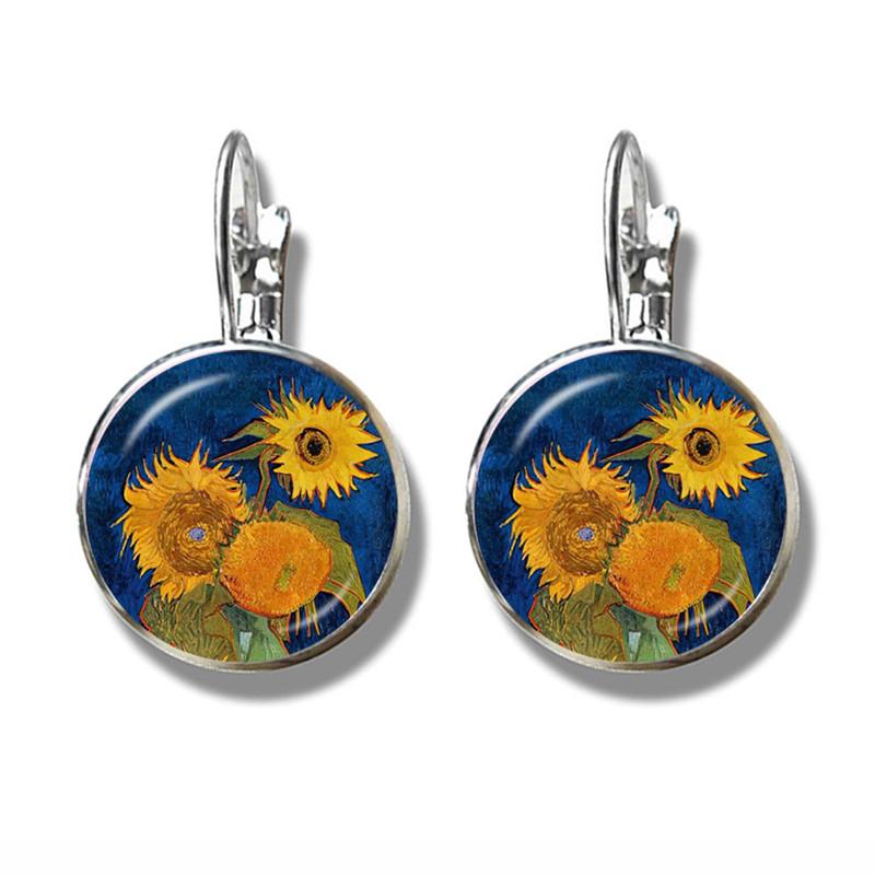 Van Gogh Solsikker Kunst Vintage Sølvbelagte Øredobber Glass Cabochon Kuppel Stiftøredobber Zirkon For Kvinner Jenter Gave