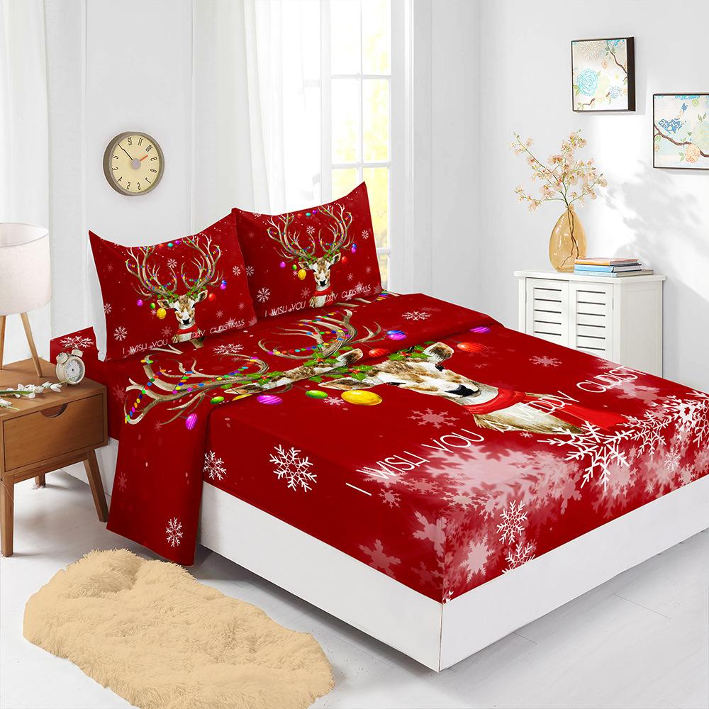 Four-Piece Mattress Set Christmas Bedding 3D Digital Printing Kit Mattress Protective Cover