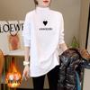 Women's Mid-Length White Cotton Long-Sleeve T-Shirt, Autumn/Winter Style, Semi-High Neck, Loose Fit, Base Layer, Covers Buttocks, Trendy Design.