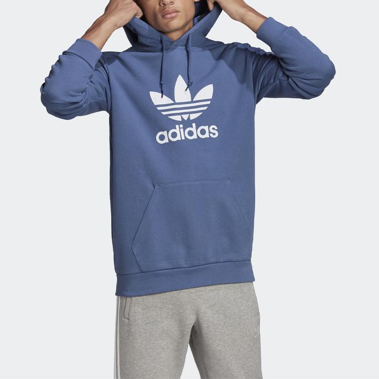 adidas Originals Trefoil Print Logo Hoodie Long Sleeve Pullover Sweatshirt Men Tops Blue GN3460