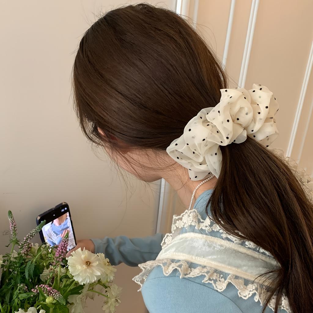 Elegant Cream Polka Dot Mesh Hair Scrunchie for Women - Soft, Breathable, Non-Slip Headband with Floral Design, Perfect for Daily Hair Accessory
